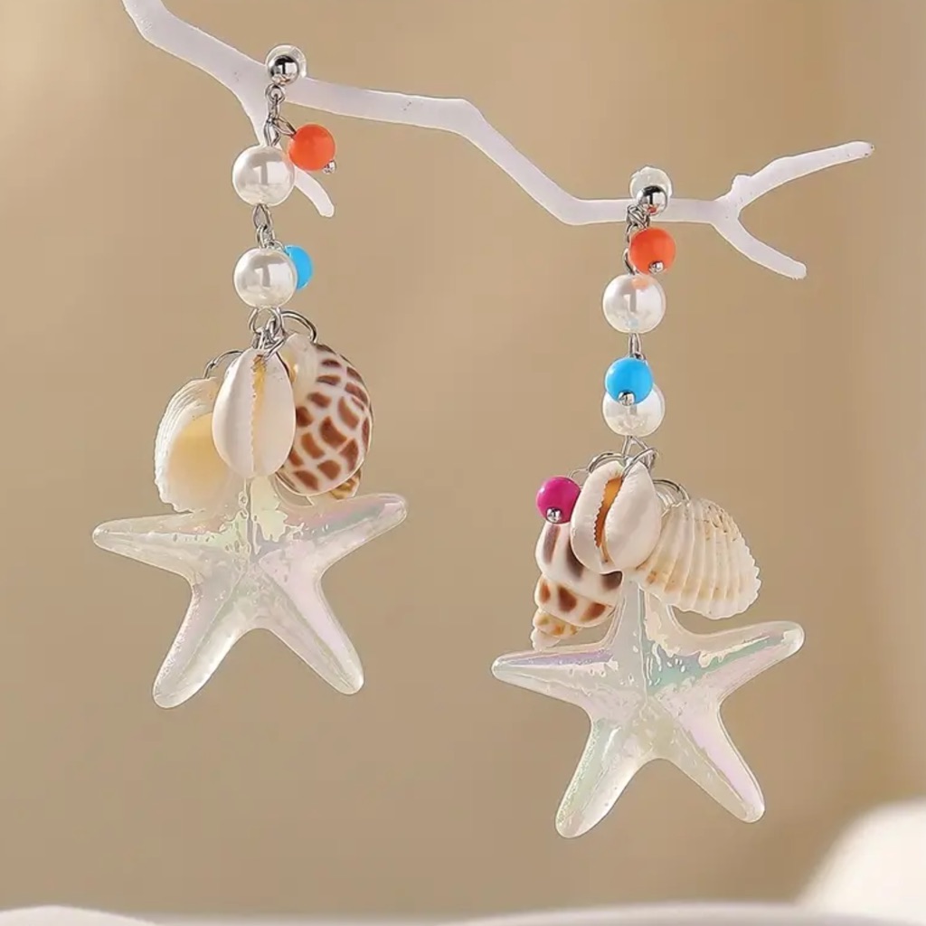 Nautical Starfish Shell Beaded PostDrop Dangle Earrings 32$